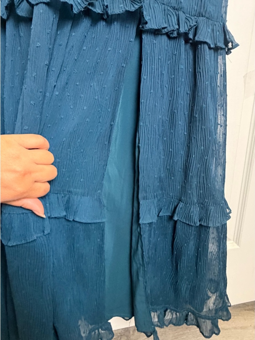 Lulu's Tier Sz M Dark Teal Puff Sleeves Tiered Midi Stretchy Waist Dress - Picture 6 of 12